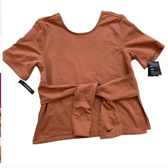 Nike Dri-FIT Rust Brown Wrap Top Women’s Large Short Sleeve Training Shirt Yoga - Picture 8 of 9